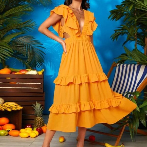 Dresses & Skirts - Boho Vacation style trendy V-Neck Cut Out waist Tiered Layer Dress  Orange